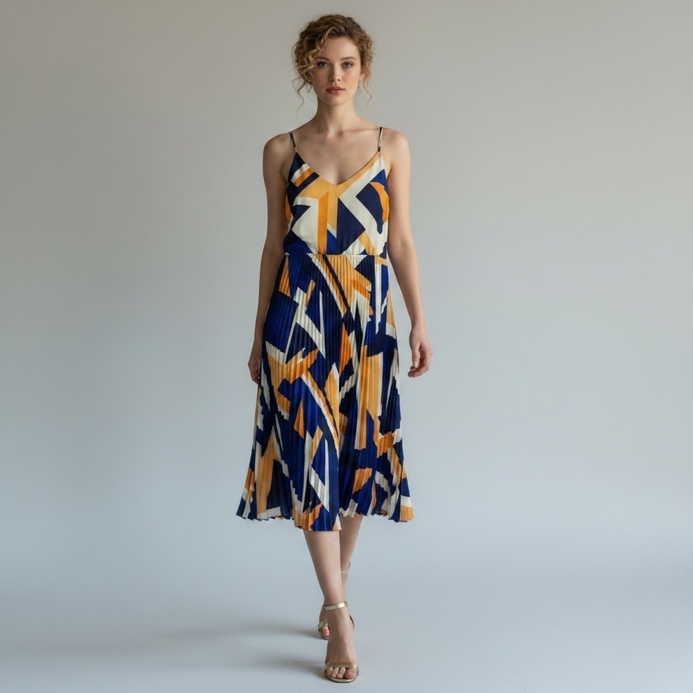 Skies are Blue Pleated Accordion Maxi Midi Dress M Navy Coral Adjustable Straps